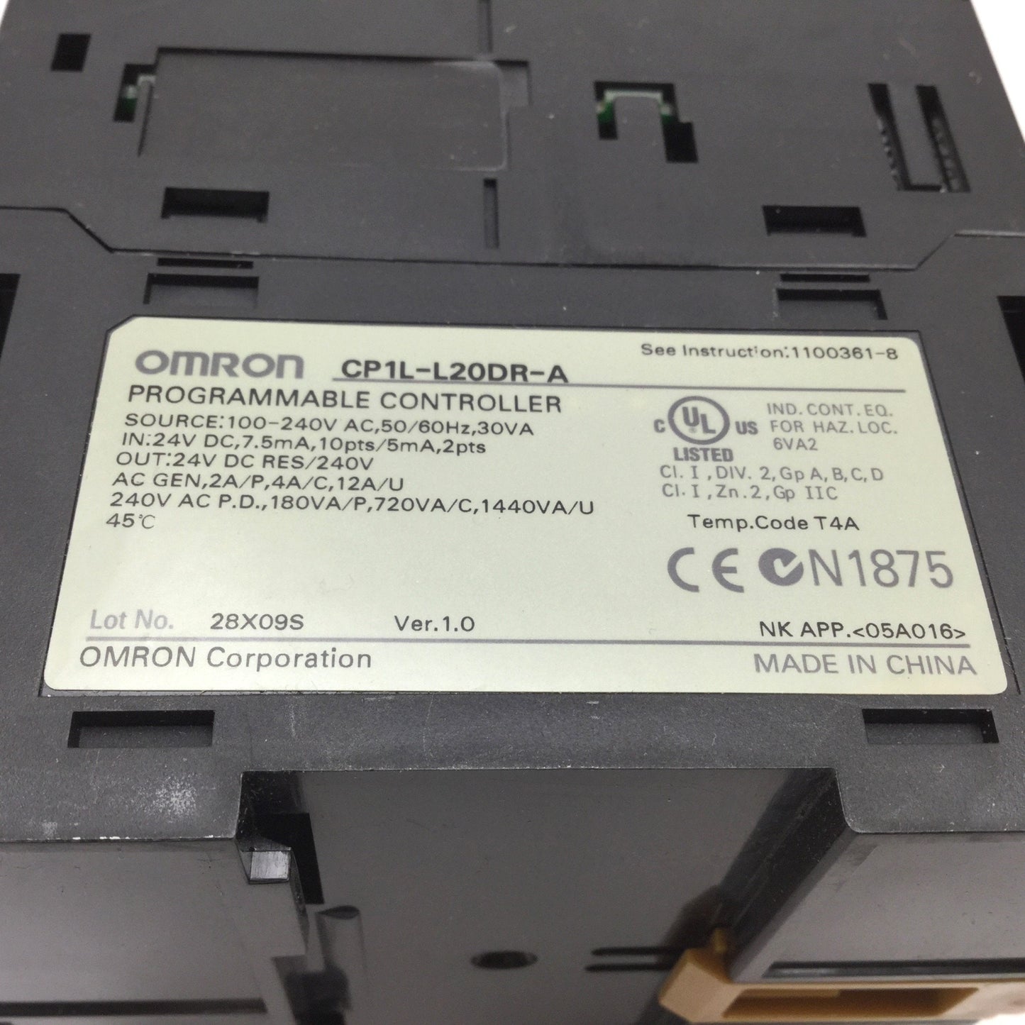 Used Omron CP1L-L20DR-A PLC I/O Module, 12x Inputs 8x Relay Outputs, 100-240VAC