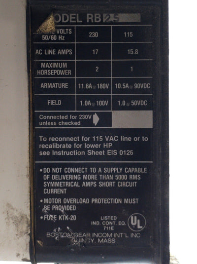 Used Boston Gear RB2S Beta DC Motor Drive, 1HP/2HP, 90/180VDC, 115/230VAC, 15.8/17A