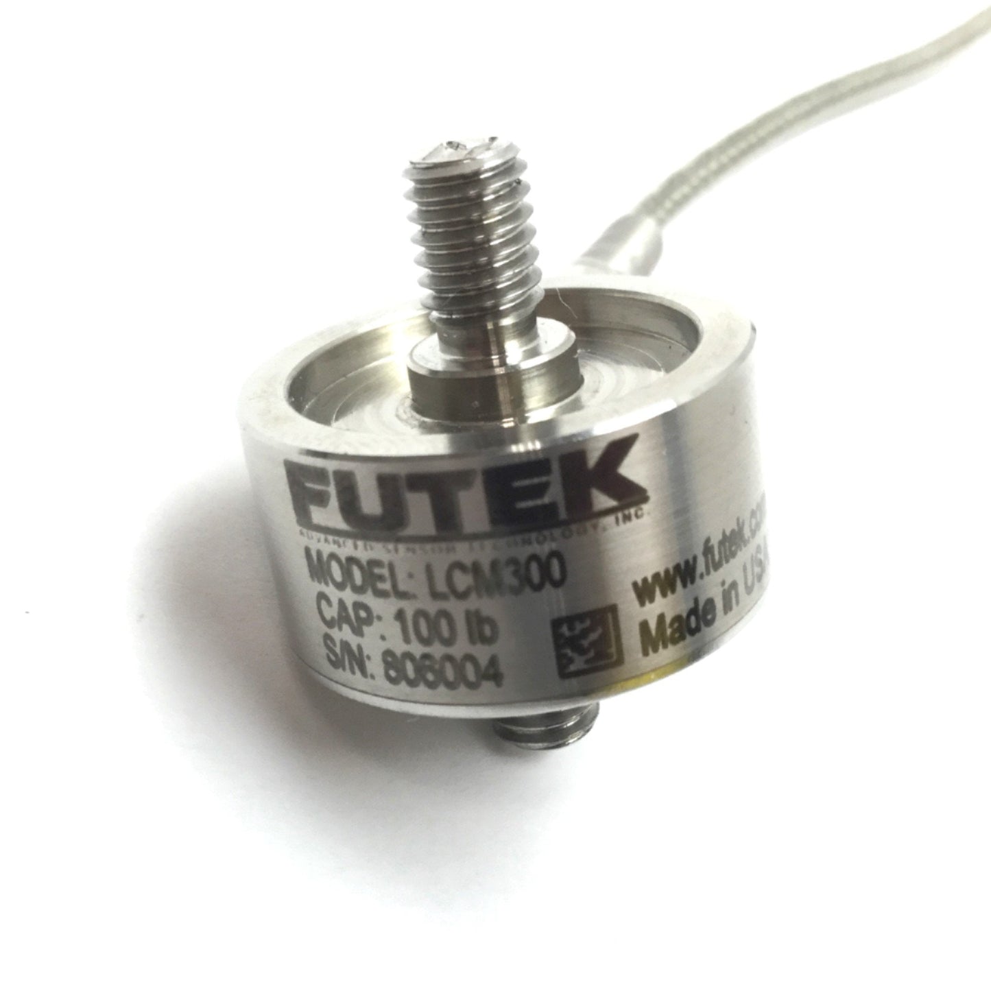 Used Futek LCM300 FSH03885 In-Line Load Cell, Capacity: 100 lbs, Thread: M6x1