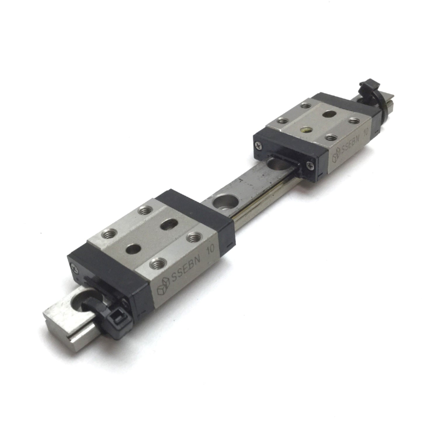 Used Misumi SSEBN10 Miniature Linear Guide Rail W/ 2x Slides, Rail Length: 115mm