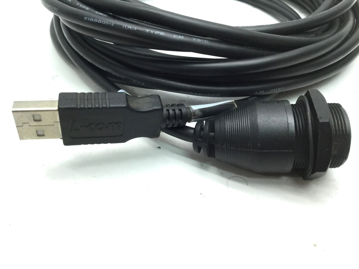 Used L-Com WPUSBAX-5M Panel Mount Type A Female to Male USB 2.0 Cable, 5M, Waterproof