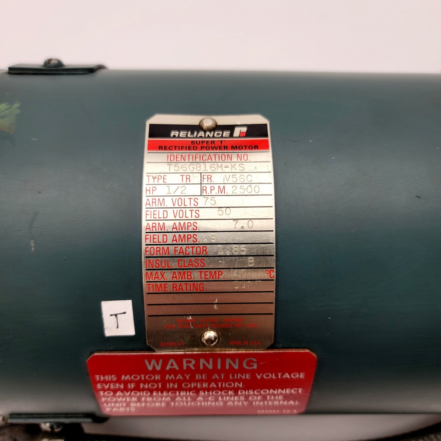 Used Reliance T56G816M-KS Super 'T' Rectified Power Motor V56C, 1/2HP, 2,500RPM