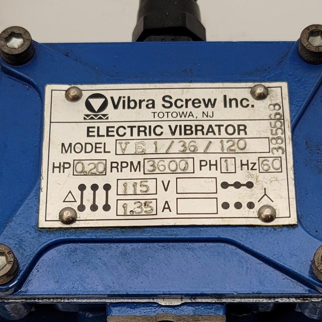 Used Vibra Screw VE1/36/120 Industrial Electronic Vibrator 115VAC, 3,600RPM, 0.2HP