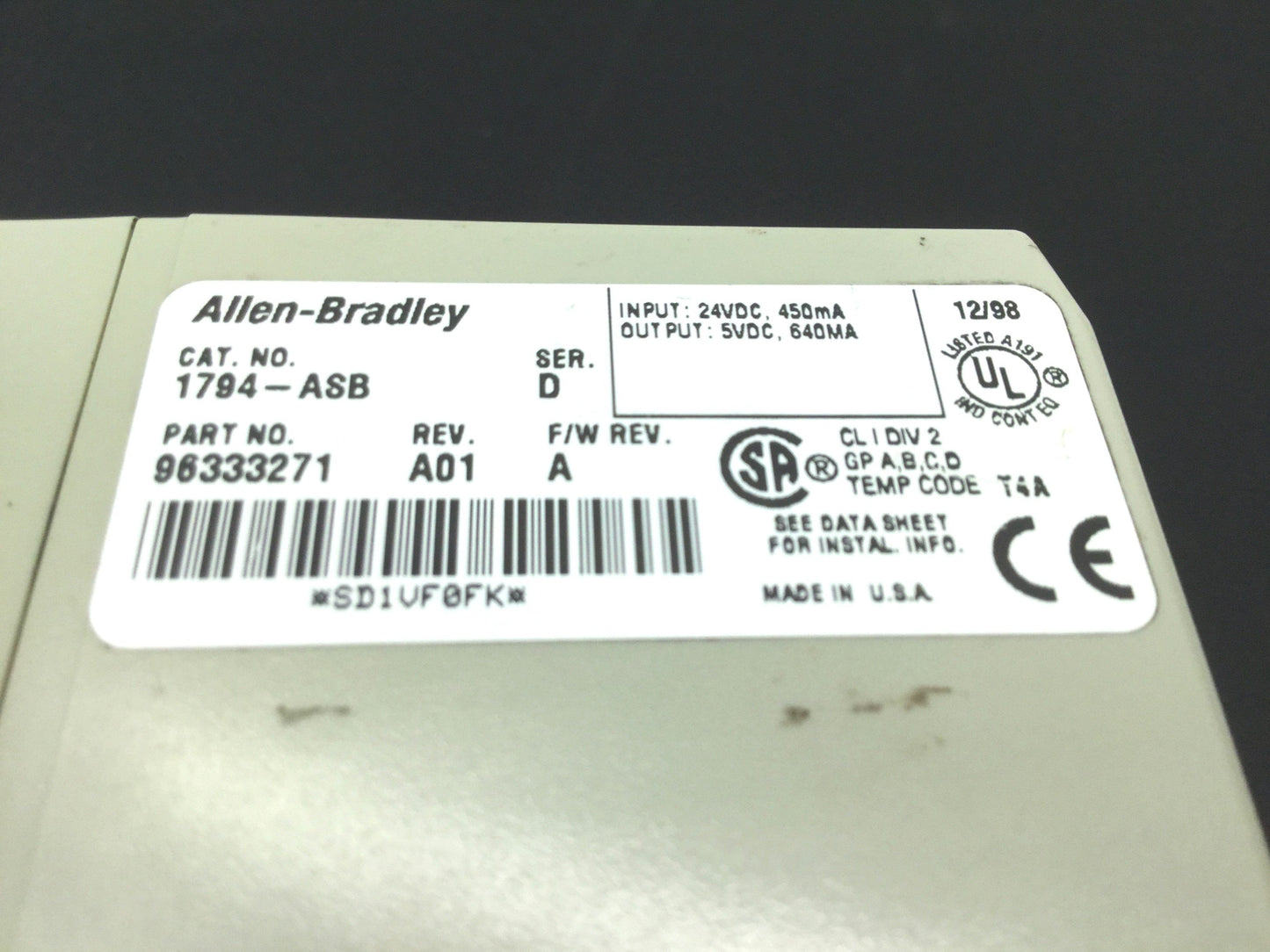 Used Allen-Bradley 1794-ASB Ser D Flex I/O Power Supply RIO Adapter