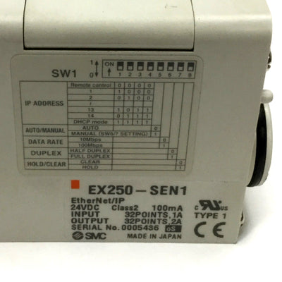 Used SMC EX250-SEN1 Ethernet/IP Serial Interface Fieldbus Unit, 24VDC, PNP Output