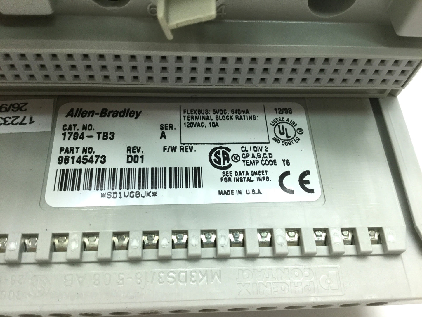 Used Allen Bradley Flex I/O Input Module 16-Ch 1794-IV16 W/ 1794-TB3 Terminal Base