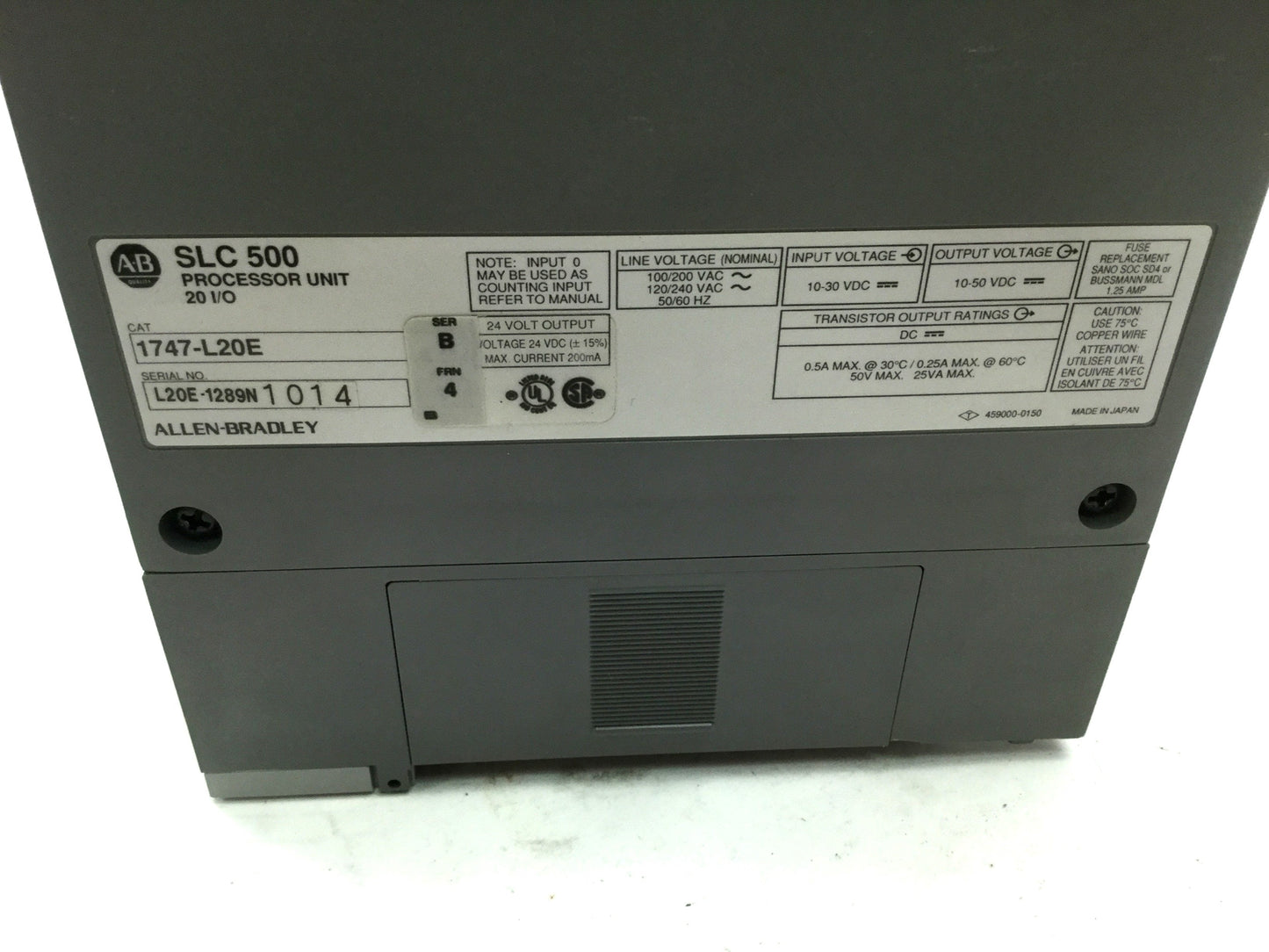 Used Allen Bradley SLC 500 1747-L20E Programable Controller 120/240VAC, 1K Mem 20 I/O