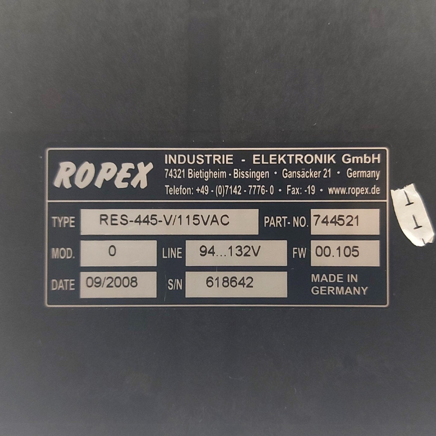 Used ROPEX RES-445-V Resistron Impulse Heat Sealing Band Controller, 0-500øC 115VAC