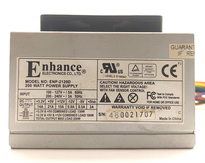 Used Enhance ENP-2120D Small Computer Power Supply ATX 200W 20-Pin & P4 120/240VAC