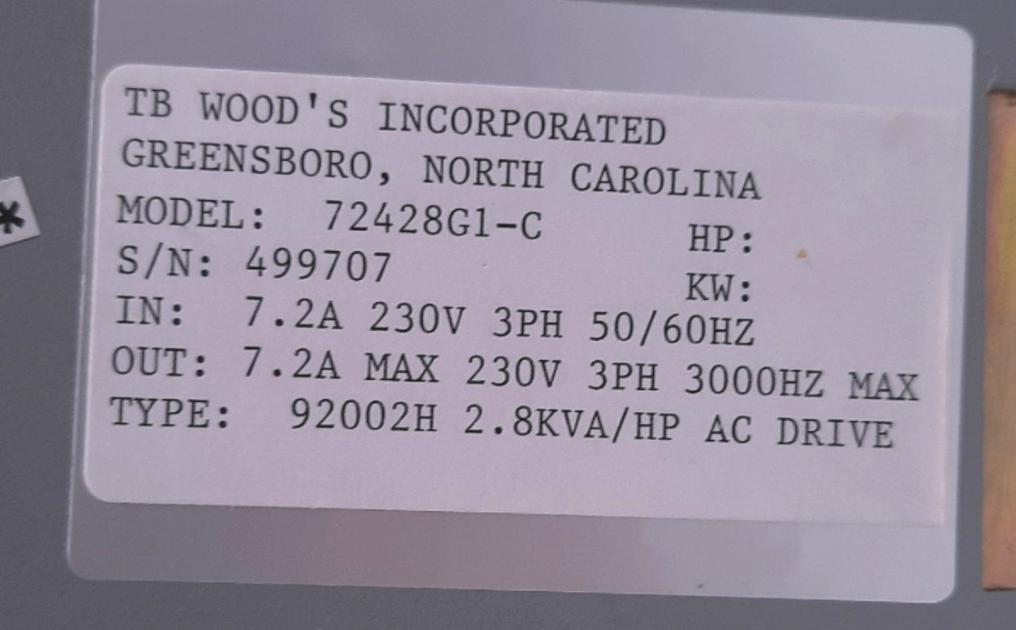 Used TB Woods Inc Volkmann 9000 72428G1-C Digital Adjustable Speed AC Drive 3PH, 7.2A