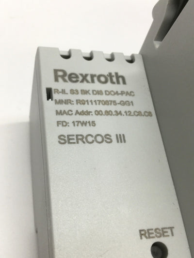 Used Rexroth R-IL S3 BK DI8 DO4-PAC Inline Sercos III Bus Coupler 8 In/4 Out, RJ45