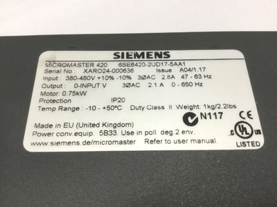 Used Siemens 6SE6420-2UD17-5AA1 Micromaster 420 Inverter Drive 1HP, 380-480VAC 3PH