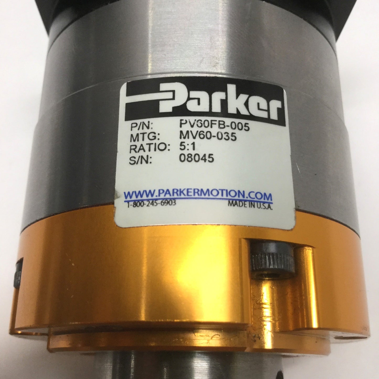 Used Parker PV60FB-005 Planetary Gearhead 5:1 Ratio, 5/8" Bore, 16mm Shaft, Size 60mm