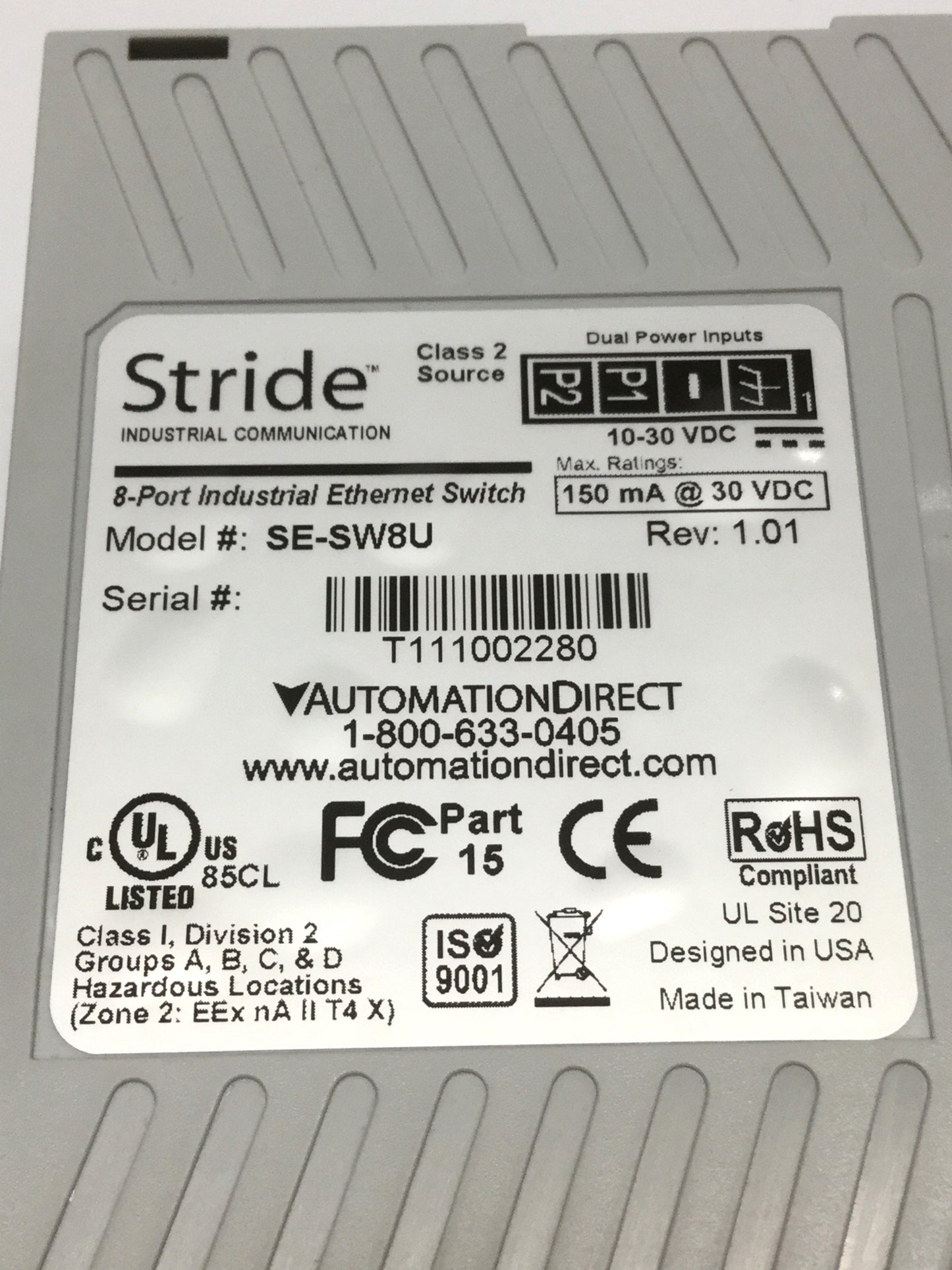 Used Stride SE-SW8U 10/100 BaseT Industrial Unmanaged Ethernet Switch 8-Port 10-30VDC