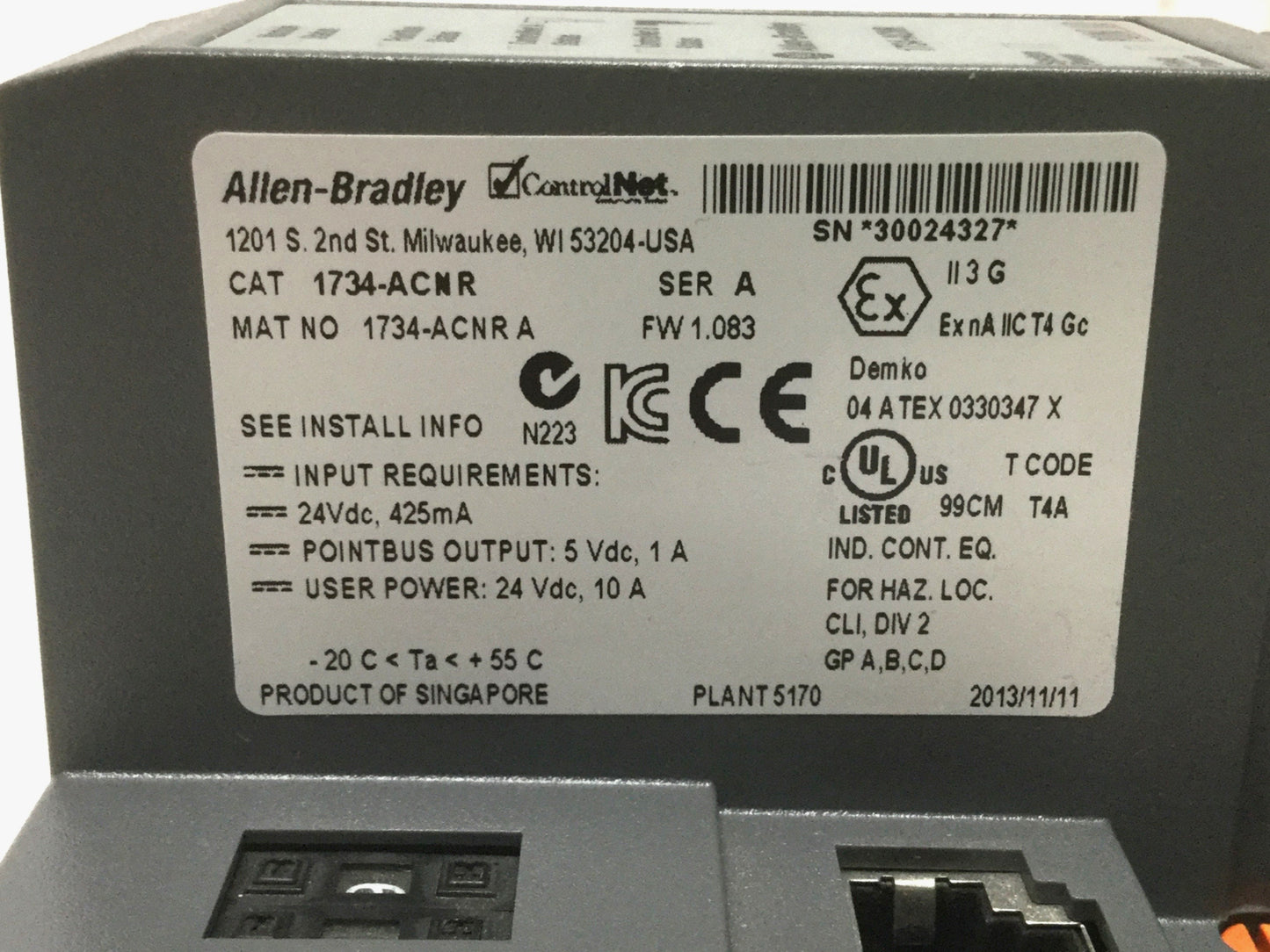 New Other Allen Bradley 1734-ACNR POINT I/O ControlNet Adapter, 2-Channel Coxial, 24VDC