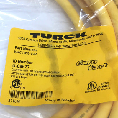 New Turck WKCV 493-15M Eurofast Cordset Cable, 4-Pin M12 Right Angle to Flying Leads