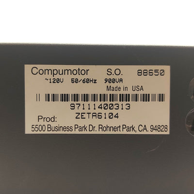 Used Parker ZETA6104 Compumotor Stepper Drive, 1-Axis, 4A, I/O In: 19 Out: 9, 120VAC