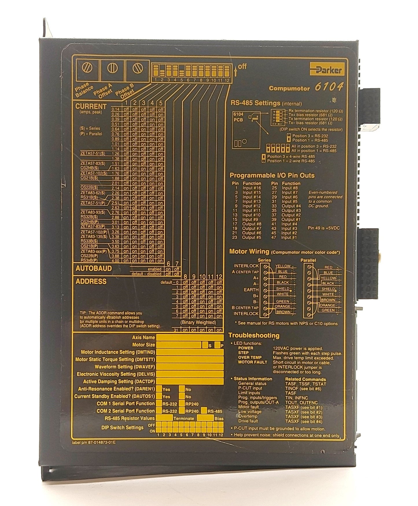 Used Parker ZETA6104 Compumotor Stepper Drive, 1-Axis, 4A, I/O In: 19 Out: 9, 120VAC