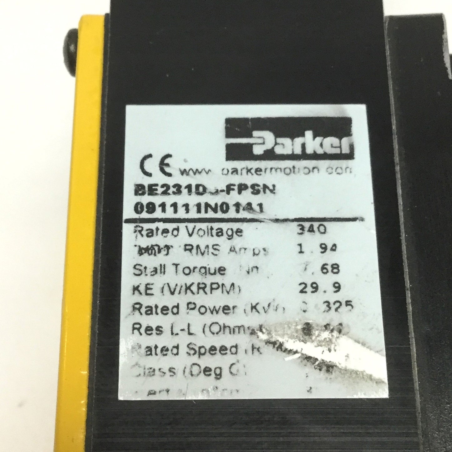 Used Parker BE231DJ-FPSN Brushless Servo Motor, 3/8" Shaft, 0.67Nm, 340VDC, NEMA 23