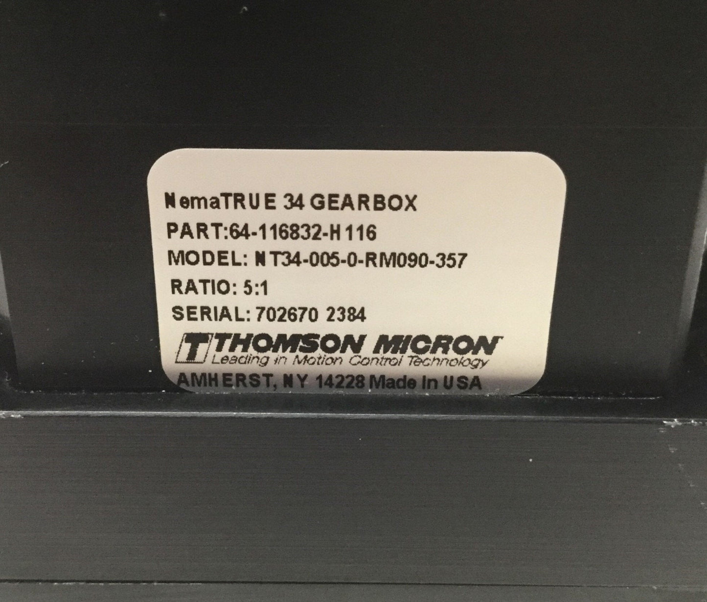 Used Thomson Micron NT34-005-0-RM090 NemaTRUE Planetary Gearhead, Ratio 5:1, Size 34