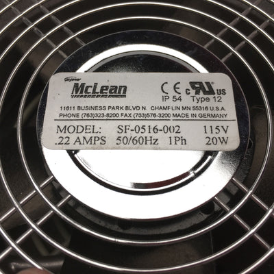 Used McLean SF-0516-002 Enclosure Filter & Fan, 148x148x70mm, 115VAC 1PH 20W 50/60Hz