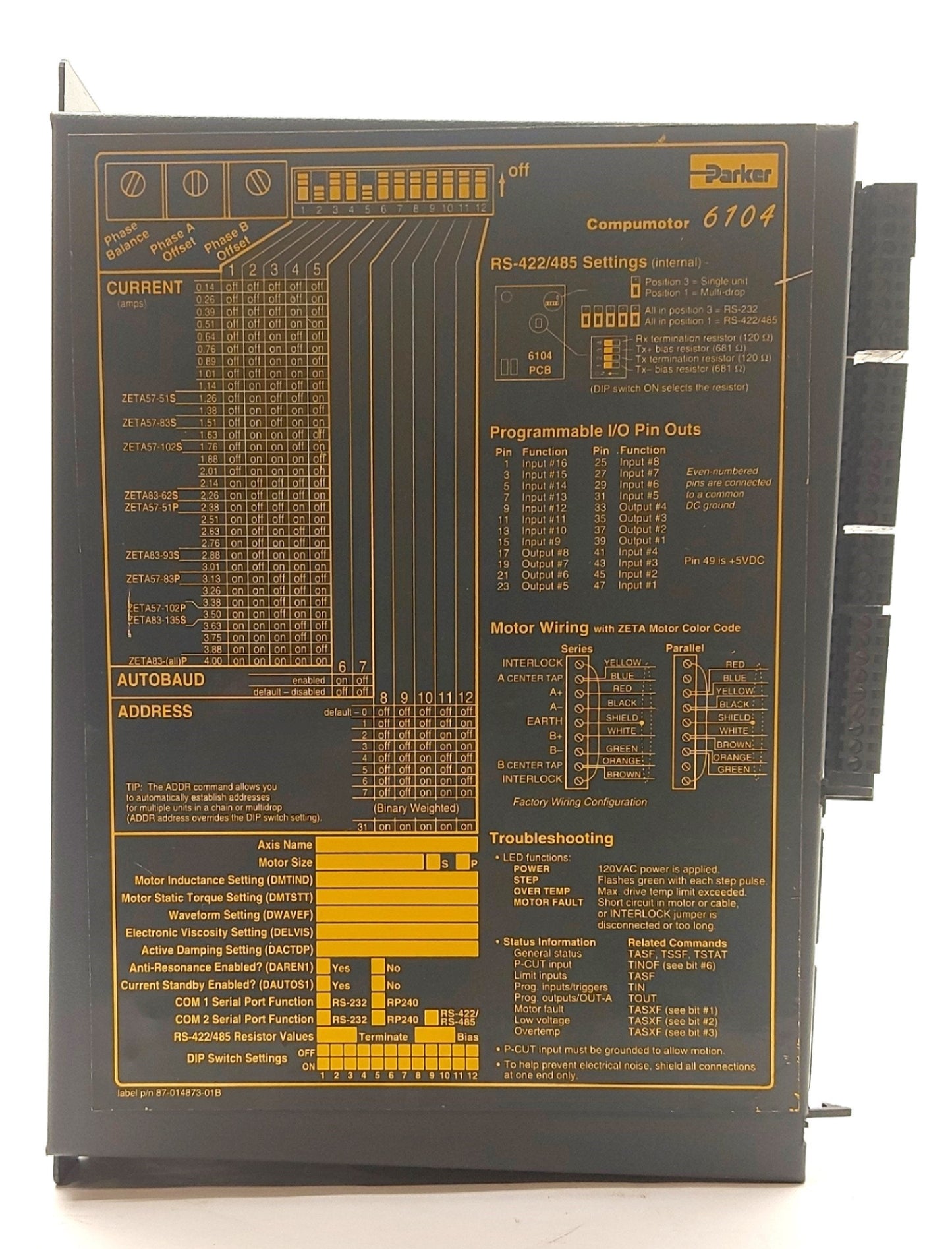 Used Parker ZETA6104-57-83 Compumotor Stepper Motor Drive 1-Axis 170VDC 4 Amps 120VAC