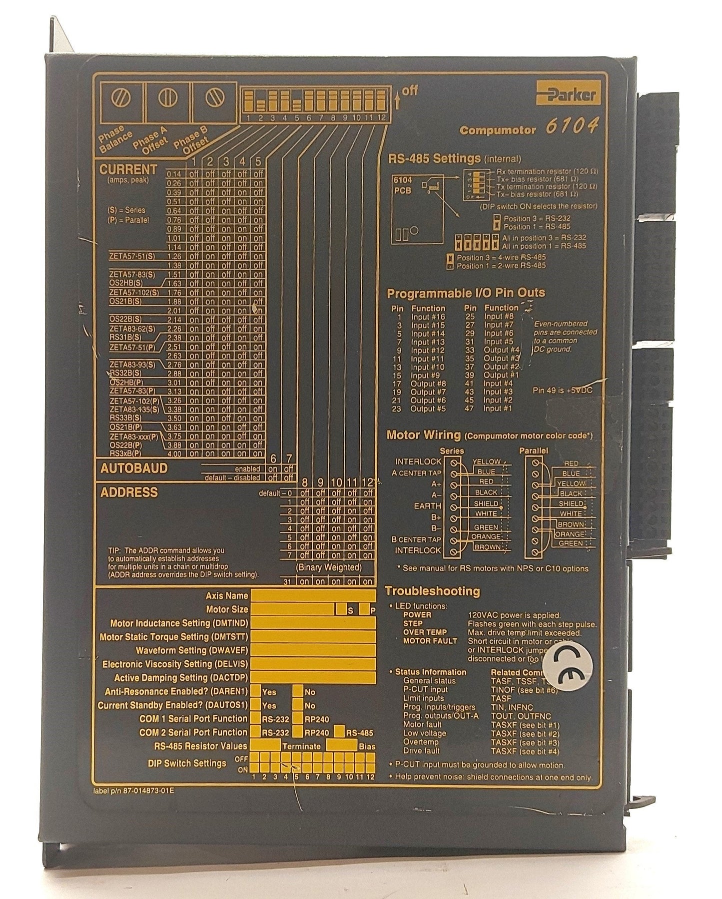 Used Parker ZETA6104-57-102 Compumotor Stepper Motor Drive, 1-Axis 170VDC 4A, 120VAC