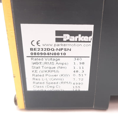 Used Parker BE232DQ-NPSN Brushless Servo Motor 9.8in-lb Torque 340VDC NEMA Size 23