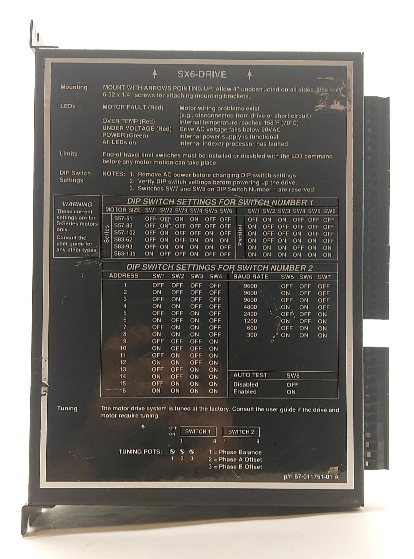 Used Parker SX83-62 SX6-DRIVE Compumotor Stepper Motor Drive, 2-Phase Hybrid, 120VAC