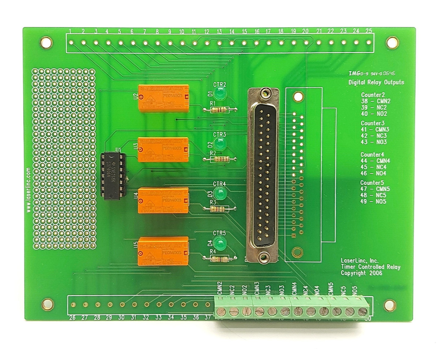 Used Laserlinc 7000-0001-00 Timer Controlled Relay Board, 4x SPDT Relay 5VDC, DB37