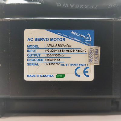 Used LS Mecapion APM-SB02ADK AC Servo Motor 200W 3000RPM 200V 1.63A 334Hz 60mm Frame