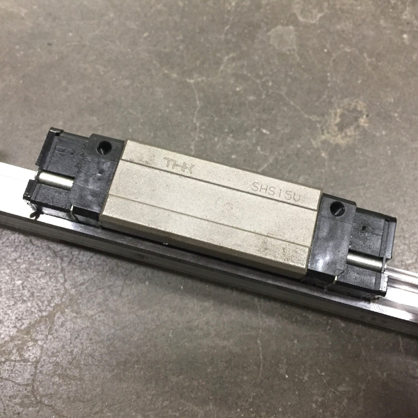 Used THK LM Caged Linear Guide Rail w/2x SHS15V Bearings, Rail: 1625mm x 15mm x 13mm