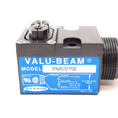 Used Banner SMW915FPQD Fiber Optic Sensor, 12-28VAC/DC, SPDT E/M Relay, 5-Pin Mini QD