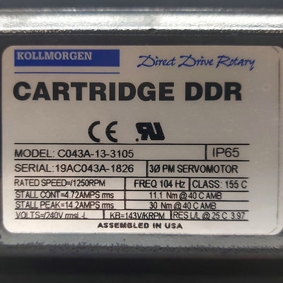 Used Kollmorgen C043A-13-3105 Cartridge DDR Servo Motor 8.2lb-ft 108mm Frame 240VAC