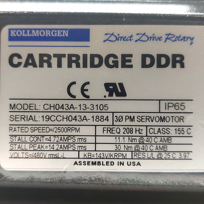 Used Kollmorgen CH043A-13-3105 Cartridge DDR Servo Motor 8.2lb-ft 108mm Frame 480VAC