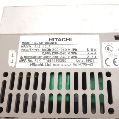 Used Hitachi SJ100-004NFU Inverter VFD Drive, 1/2HP 0.4kW, 200-240VAC, 1Ph / 3Ph