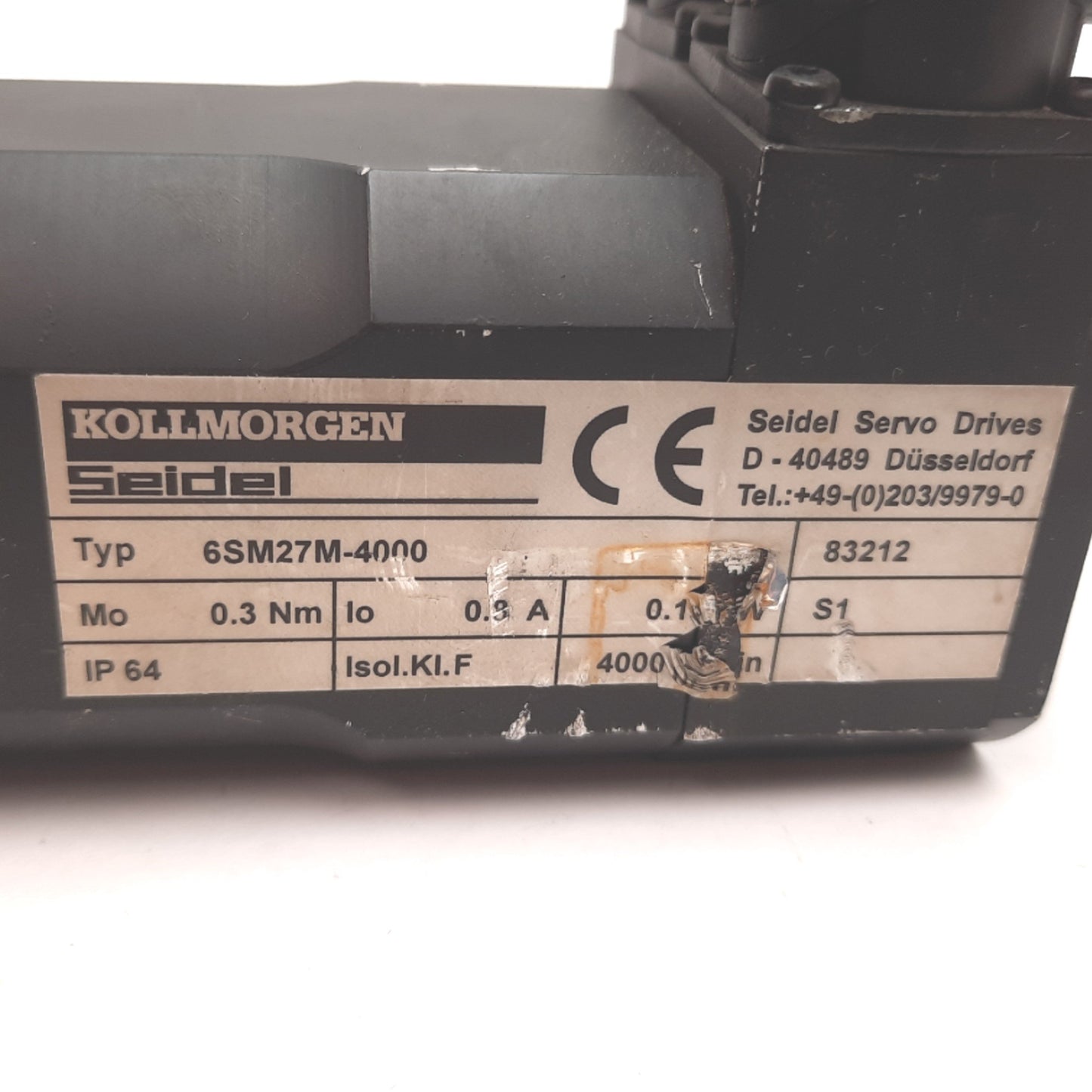 Used Kollmorgen 6SM27M-4000 Servomotor, 400/460V, 0.8A, 4000RPM, 0.32Nm, 9mm