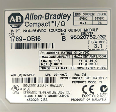 Used Allen Bradley 1769-OB16 Compact I/O PLC Output Module 16-Point 24VDC Sourcing