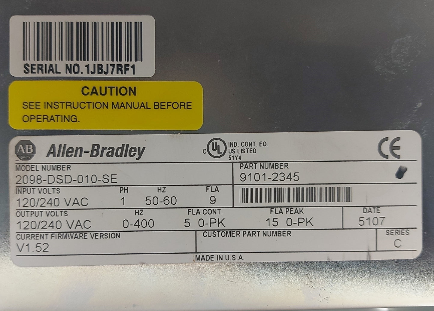 Used Allen Bradley 2098-DSD-010-SE Kinetix Ultra3000 Servo Drive, 120/240VAC 0-400Hz