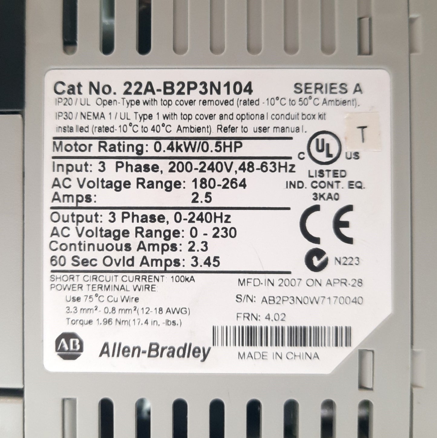 Used Allen Bradley 22A-B2P3N104 Ser A Powerflex 4 AC Drive, 1/2HP, 3PH 0-230VAC 2.3A