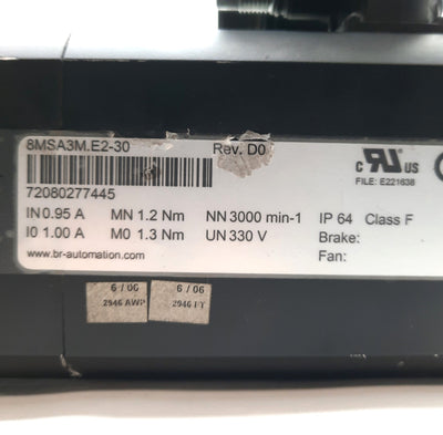 Used B&R 8MSA3M.E2-30 Servo Motor, 10.62in-lbs, .95A, 3000RPM, 330VAC, NEMA 34