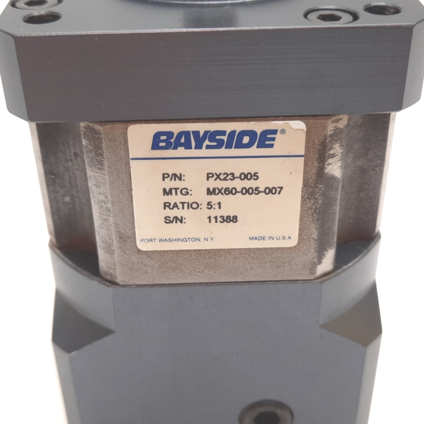 Used Bayside PX23-005 Gearhead, Ratio: 5:1, NEMA 23, Shaft: 0.375", ID: 0.35"