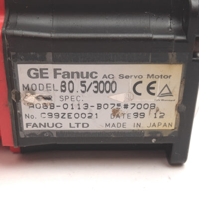 Used GE Fanuc A06B-0113-B075#7008 Servo Motor, 0.2kW, 3-Phase, 49V 2.8A, 3000RPM, 9mm