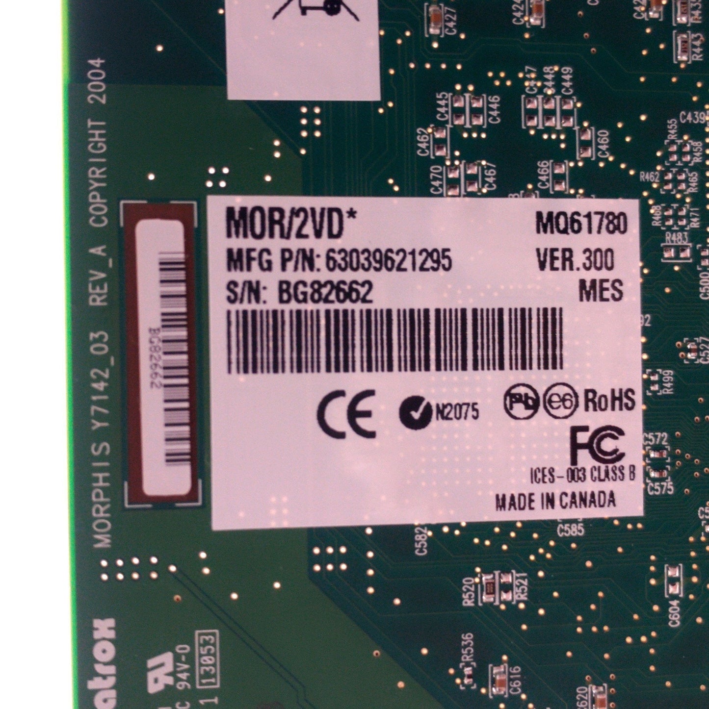 Used Matrox MOR/2VD* Morphis Frame Grabber Card, PCI, 4x BNC, 3x 10-Pin, 30-Pin