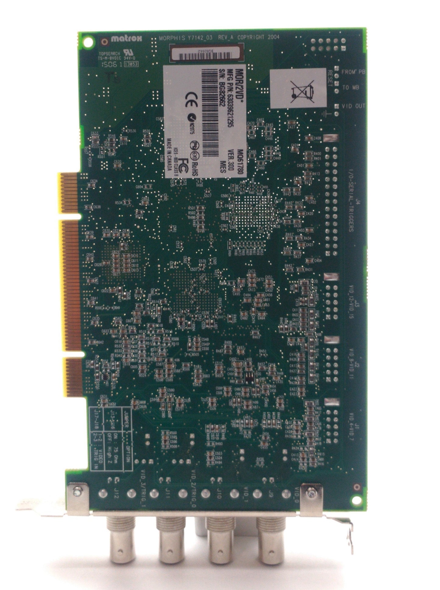 Used Matrox MOR/2VD* Morphis Frame Grabber Card, PCI, 4x BNC, 3x 10-Pin, 30-Pin