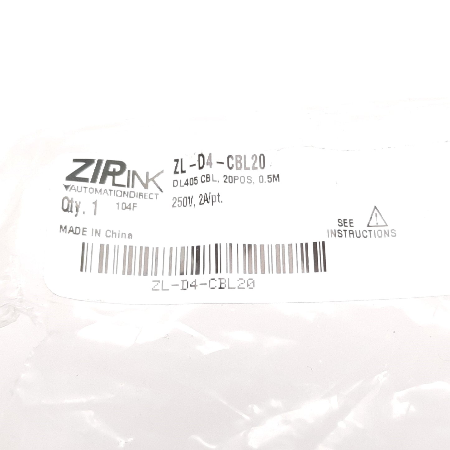 Used Automation Direct ZL-D4-CBL20 ZipLink PLC I/O Cable, 20-Position to 24-Pin, 0.5m