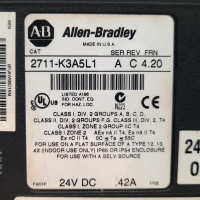 Used Allen Bradley 2711-K3A5L1 Ser A Rev C PanelView 300 HMI/Operator Panel, 24VDC