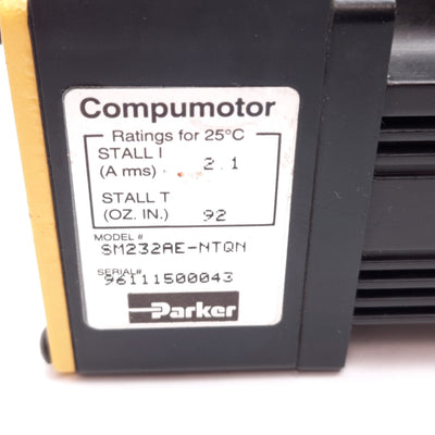 Used Parker SM232AE-NTQN Compumotor Servo Motor, Torque 92oz-in, 340V 2.1A