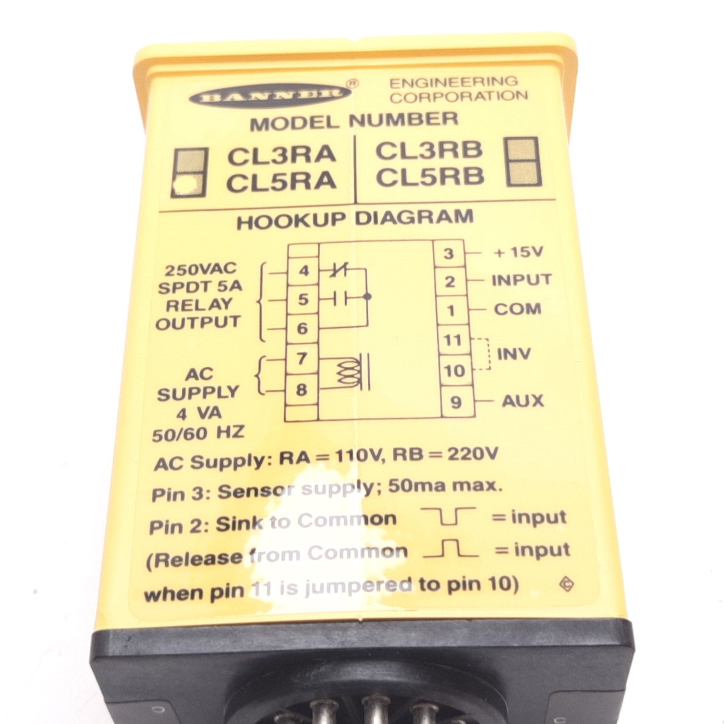 New Banner CL5RA Maxi-Amp Logic Module, 105-130VAC / 12-28VDC, SPDT 5A Relay Output