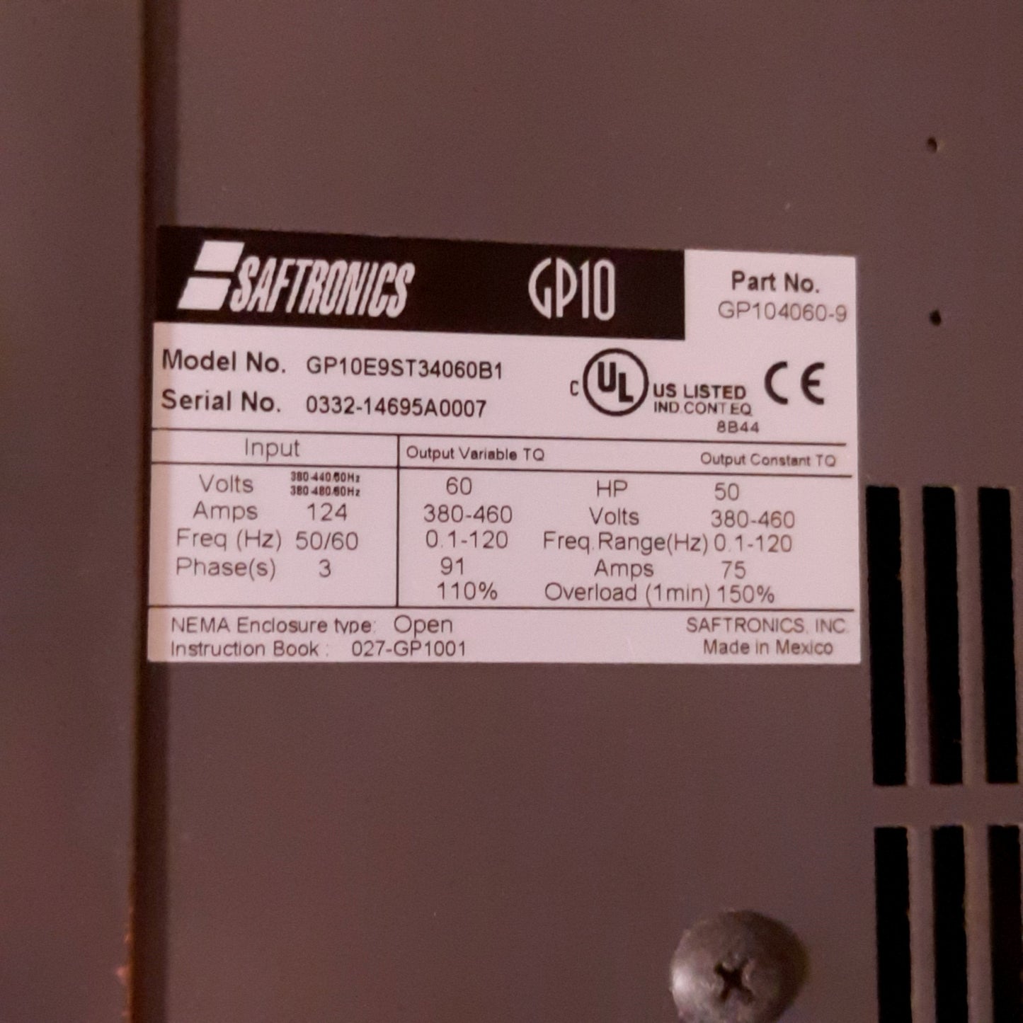 Used Saftronics GP10E9ST34060B1 Vector AC Drive, In 380-480VAC 124A 3-Phase, Out 60HP